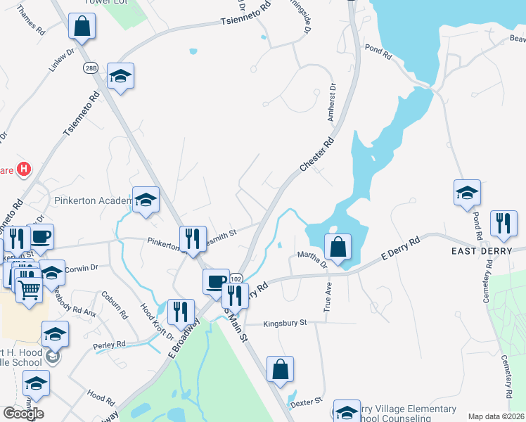 map of restaurants, bars, coffee shops, grocery stores, and more near 1 Silvestri Circle in Derry