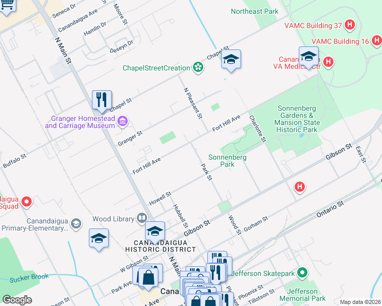 map of restaurants, bars, coffee shops, grocery stores, and more near 190 Park Street in Canandaigua