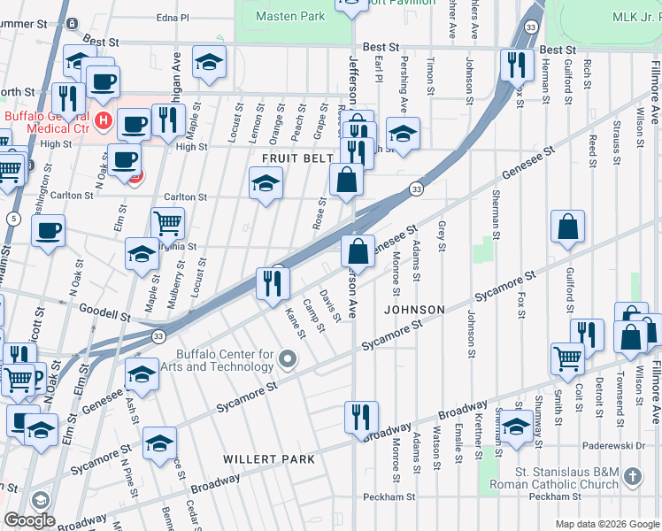 map of restaurants, bars, coffee shops, grocery stores, and more near 569 Genesee Street in Buffalo