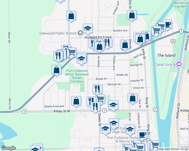 map of restaurants, bars, coffee shops, grocery stores, and more near in Port Colborne