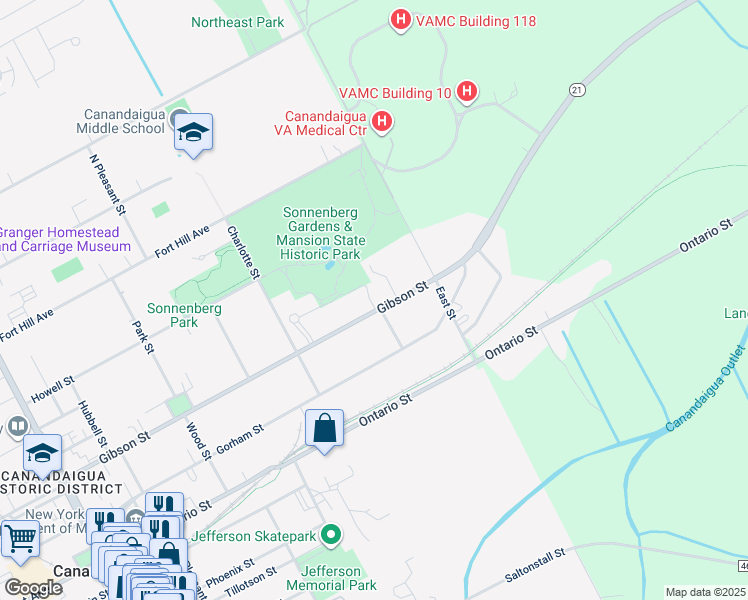 map of restaurants, bars, coffee shops, grocery stores, and more near 324 Gibson Street in Canandaigua