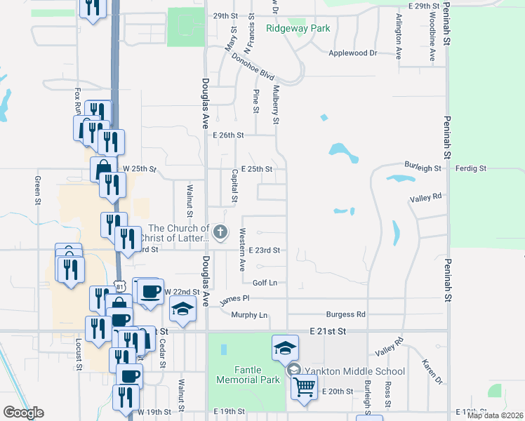 map of restaurants, bars, coffee shops, grocery stores, and more near 208 Valley Drive in Yankton
