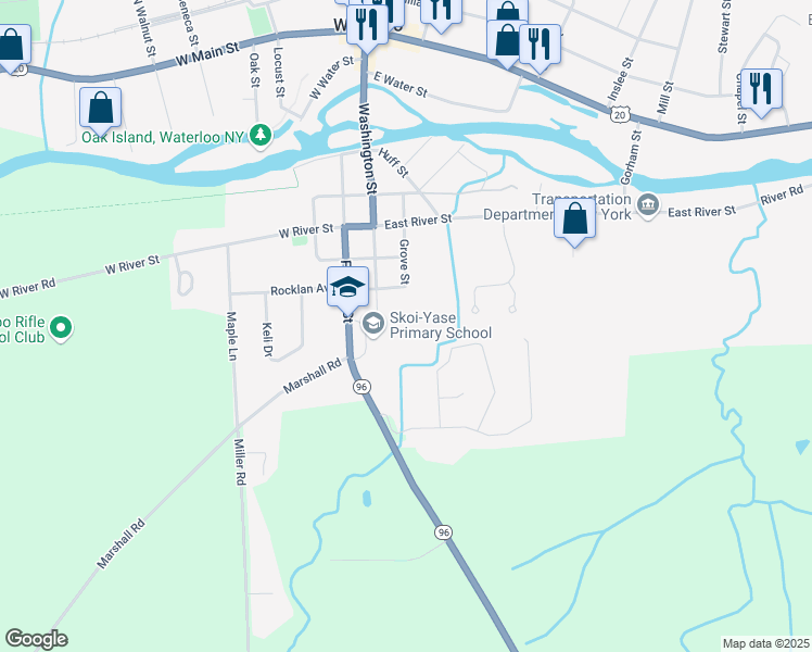 map of restaurants, bars, coffee shops, grocery stores, and more near 65 Fayette Street in Seneca Falls
