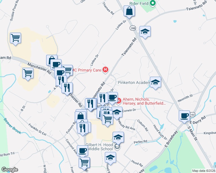 map of restaurants, bars, coffee shops, grocery stores, and more near 167 Sunview Drive in Derry