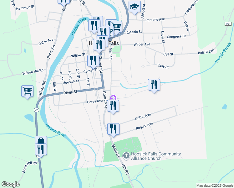 map of restaurants, bars, coffee shops, grocery stores, and more near 1 Richmond Avenue in Hoosick Falls