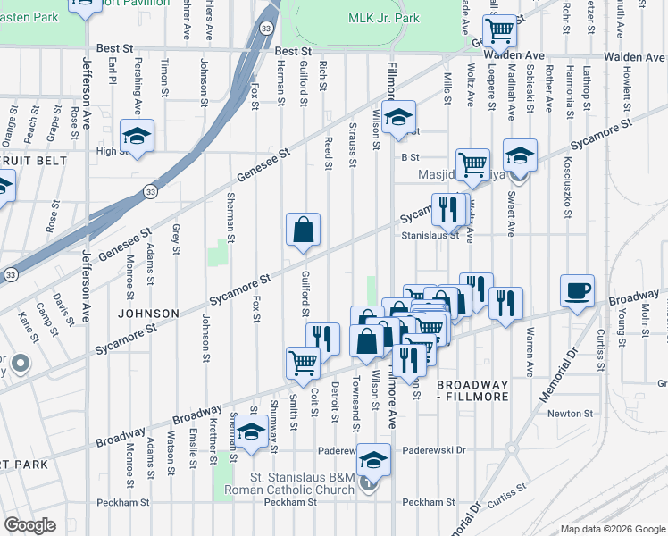 map of restaurants, bars, coffee shops, grocery stores, and more near 102 Strauss Street in Buffalo