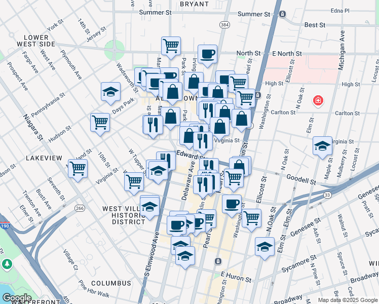 map of restaurants, bars, coffee shops, grocery stores, and more near 410 Delaware Avenue in Buffalo