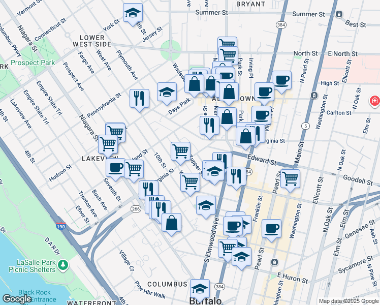 map of restaurants, bars, coffee shops, grocery stores, and more near 299 Virginia Street in Buffalo