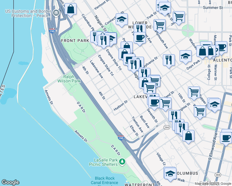 map of restaurants, bars, coffee shops, grocery stores, and more near 7 Rosetta Petruzzi Way in Buffalo