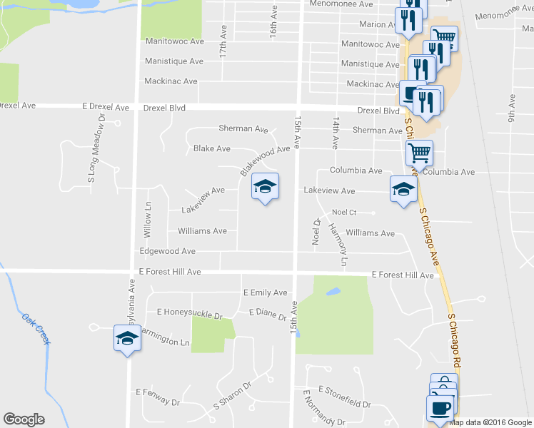 map of restaurants, bars, coffee shops, grocery stores, and more near 3501 Blakewood Avenue in South Milwaukee