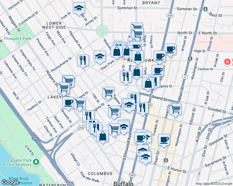 map of restaurants, bars, coffee shops, grocery stores, and more near 326 Virginia Street in Buffalo