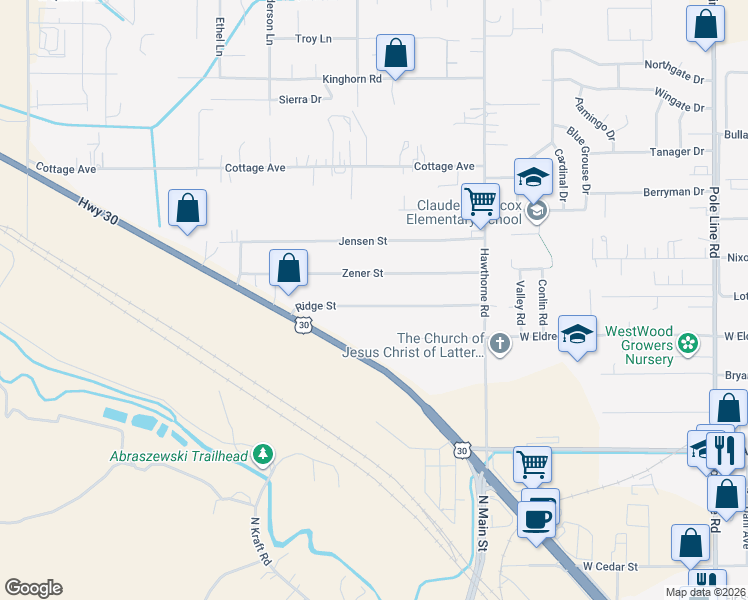 map of restaurants, bars, coffee shops, grocery stores, and more near 1375 Ridge St in Pocatello
