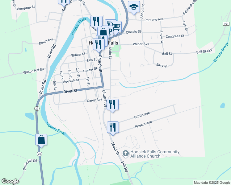 map of restaurants, bars, coffee shops, grocery stores, and more near 1 Richmond Avenue in Hoosick Falls