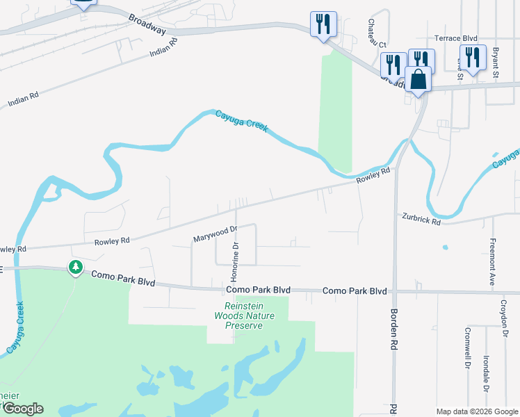map of restaurants, bars, coffee shops, grocery stores, and more near 96 Marywood Drive in Depew