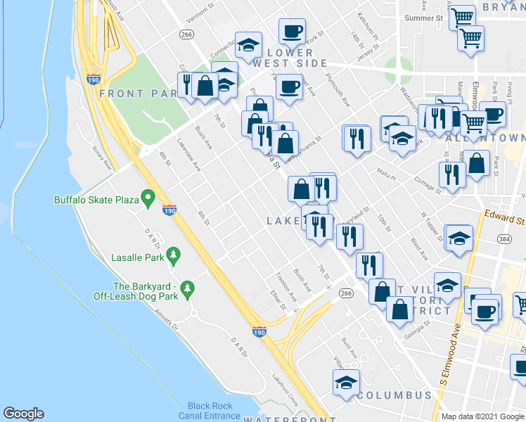 map of restaurants, bars, coffee shops, grocery stores, and more near 401 Busti Avenue in Buffalo