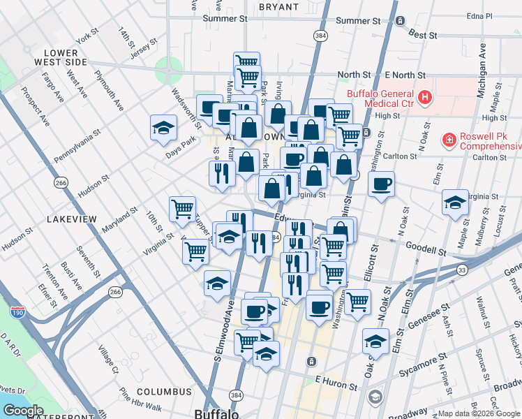 map of restaurants, bars, coffee shops, grocery stores, and more near 410 Delaware Avenue in Buffalo