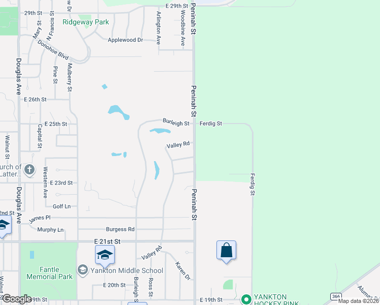 map of restaurants, bars, coffee shops, grocery stores, and more near 2326-2366 Peninah Street in Yankton