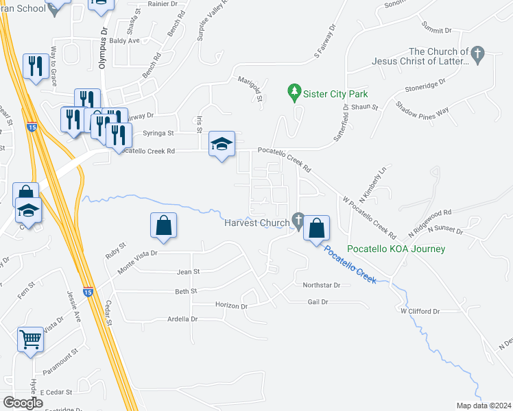 map of restaurants, bars, coffee shops, grocery stores, and more near 1144 Freeman Lane in Pocatello