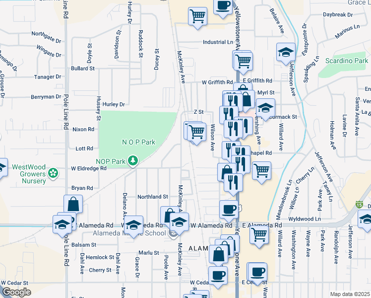 map of restaurants, bars, coffee shops, grocery stores, and more near 1127 McKinley Avenue in Pocatello