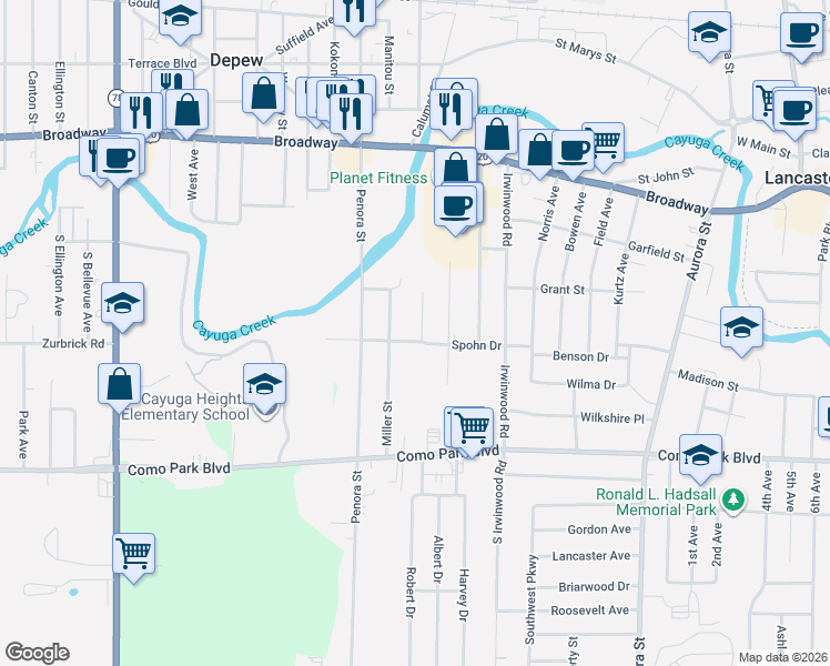 map of restaurants, bars, coffee shops, grocery stores, and more near 85 Cloyes Avenue in Depew