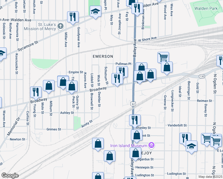 map of restaurants, bars, coffee shops, grocery stores, and more near 86 Armbruster Street in Buffalo
