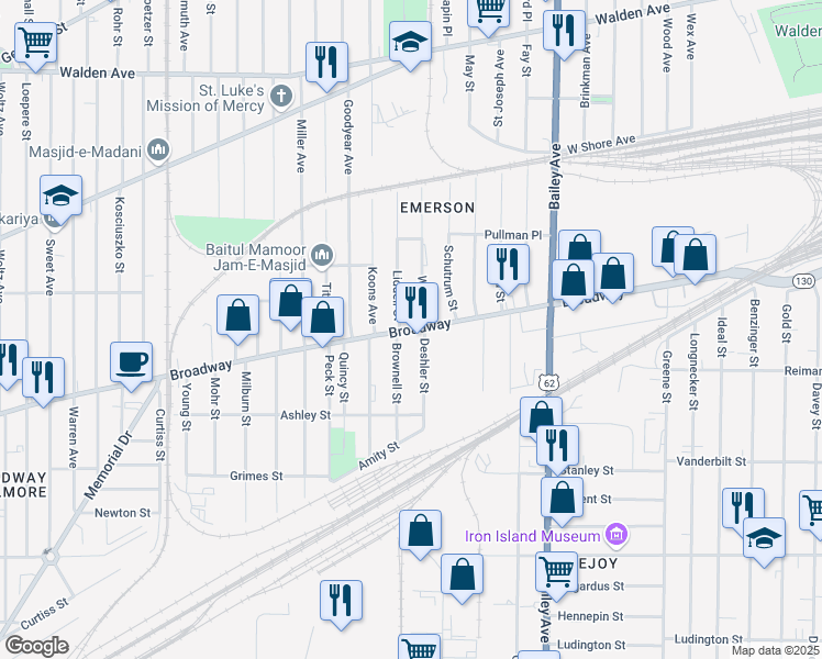 map of restaurants, bars, coffee shops, grocery stores, and more near 80 Deshler Street in Buffalo