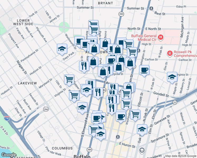 map of restaurants, bars, coffee shops, grocery stores, and more near 410 Delaware Avenue in Buffalo