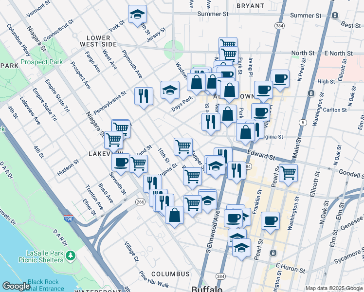 map of restaurants, bars, coffee shops, grocery stores, and more near 299 Virginia Street in Buffalo