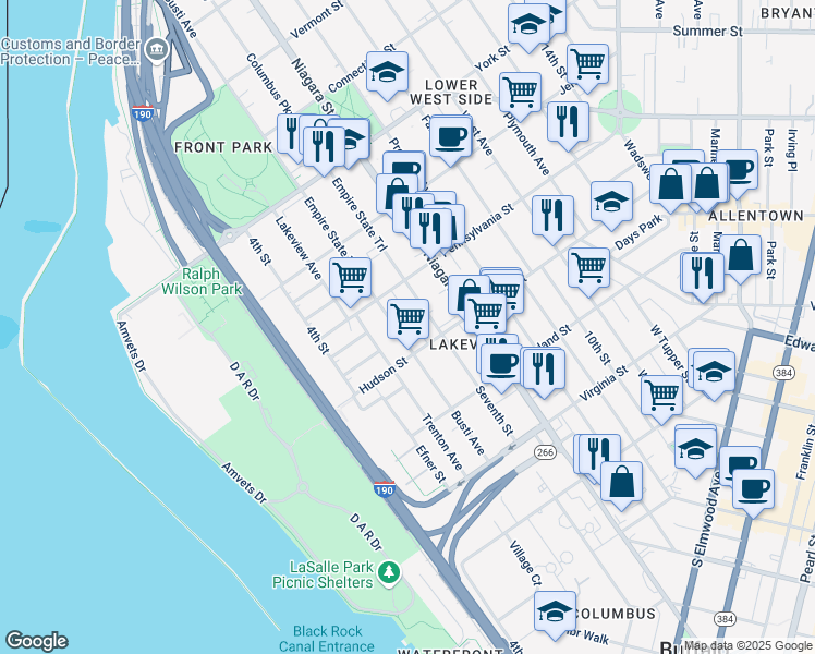 map of restaurants, bars, coffee shops, grocery stores, and more near 107 Hudson Street in Buffalo