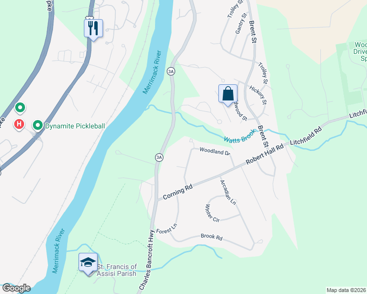 map of restaurants, bars, coffee shops, grocery stores, and more near 19 Woodland Drive in Litchfield