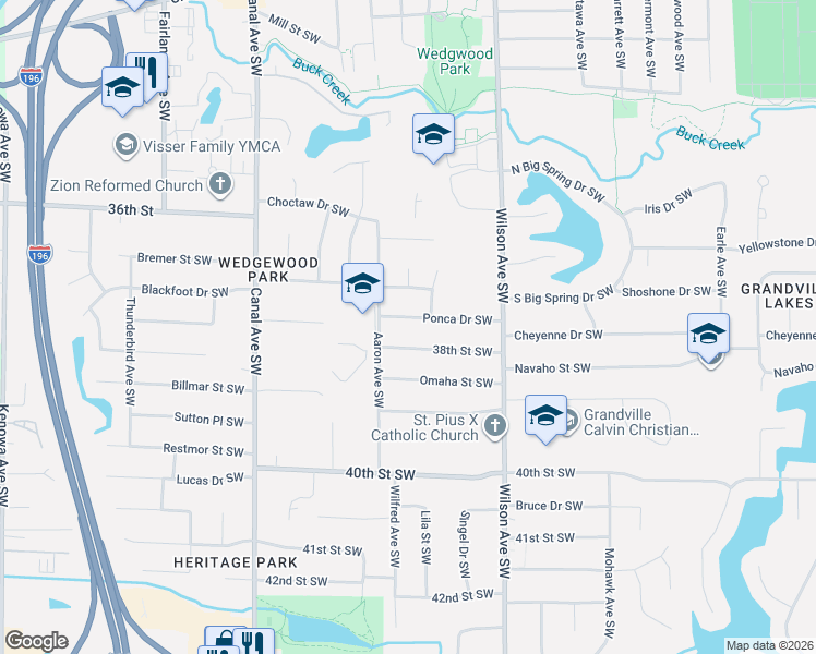 map of restaurants, bars, coffee shops, grocery stores, and more near 4152 38th Street Southwest in Grandville
