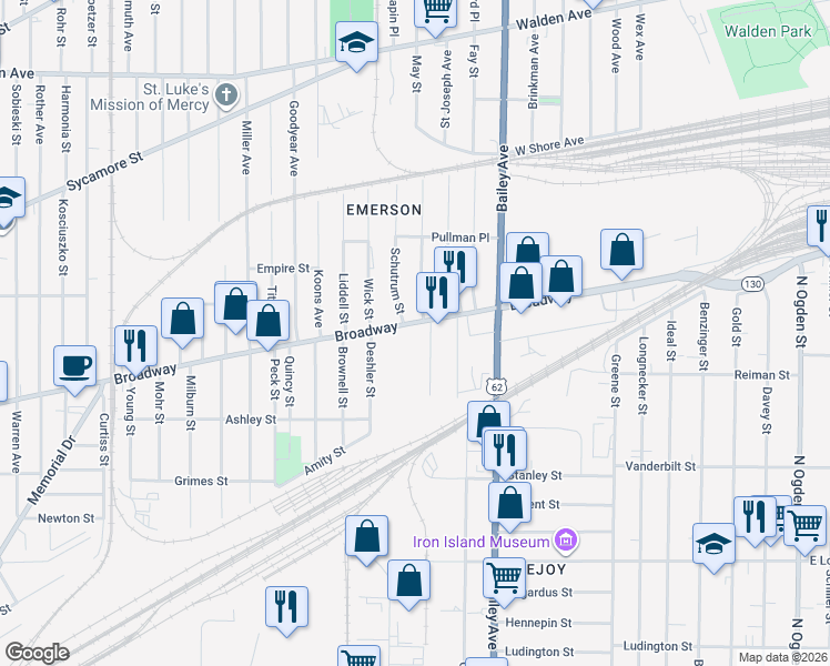 map of restaurants, bars, coffee shops, grocery stores, and more near 86 Armbruster Street in Buffalo