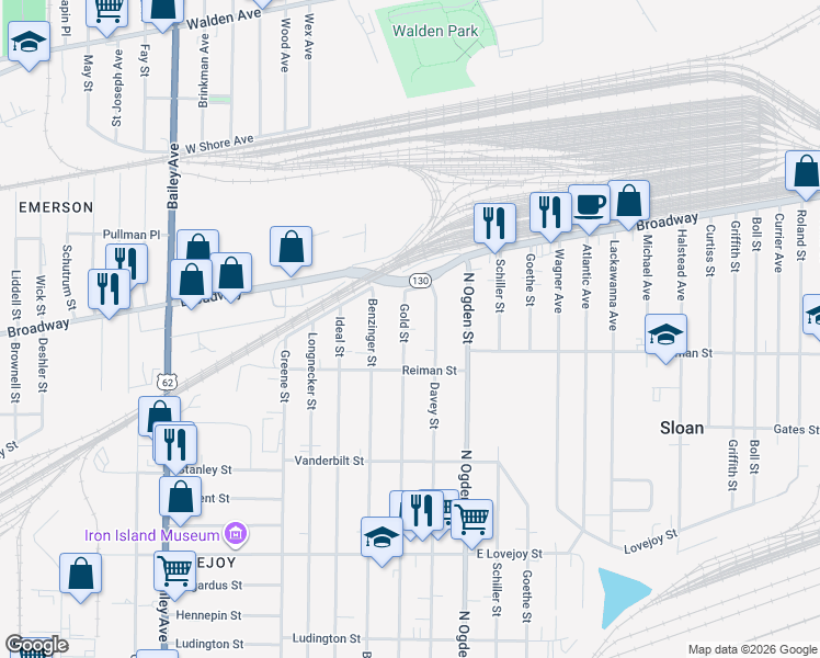 map of restaurants, bars, coffee shops, grocery stores, and more near 421 Gold Street in Buffalo