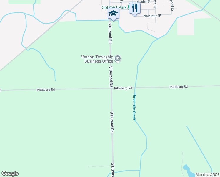map of restaurants, bars, coffee shops, grocery stores, and more near 8998 Pittsburg Road in Durand