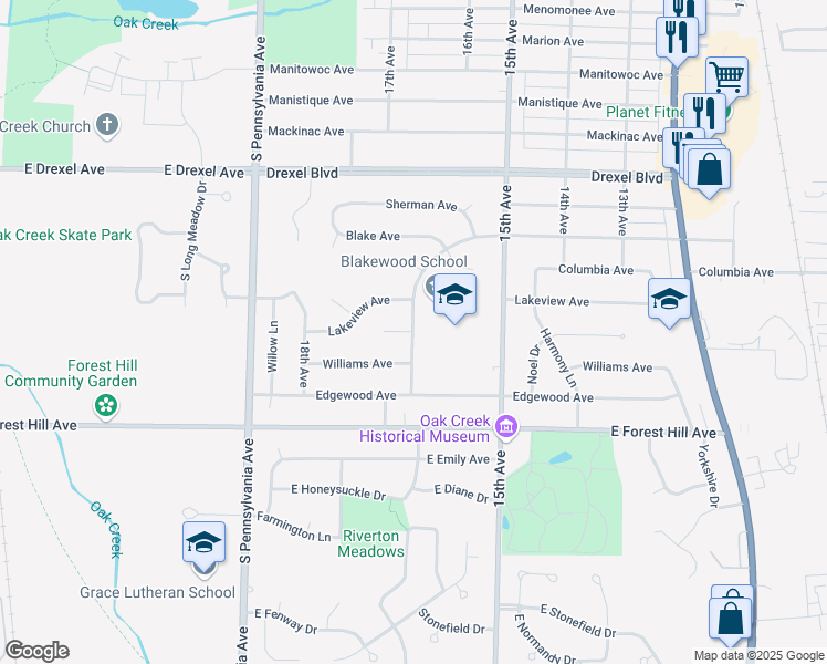 map of restaurants, bars, coffee shops, grocery stores, and more near 3501 Blakewood Avenue in South Milwaukee