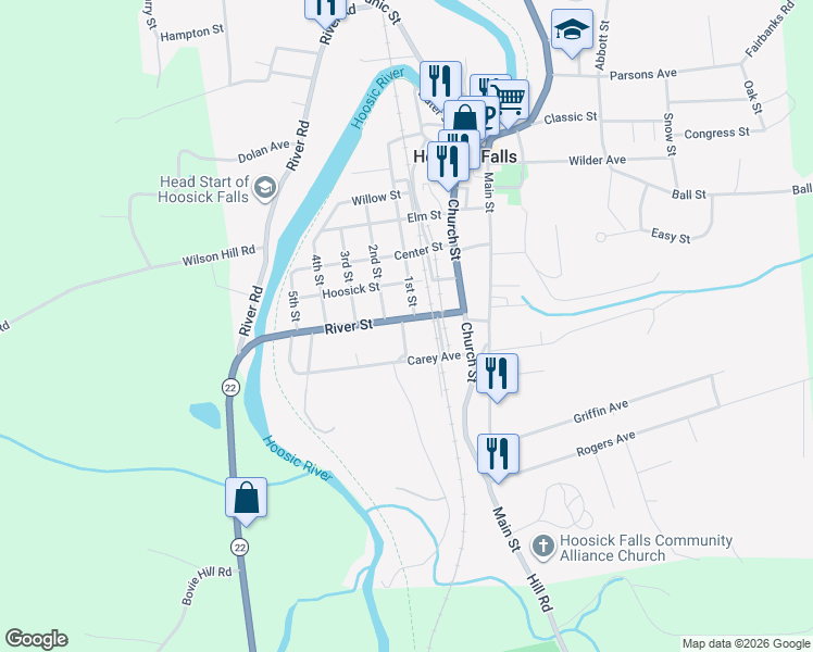 map of restaurants, bars, coffee shops, grocery stores, and more near 9-11 2nd Street in Hoosick Falls