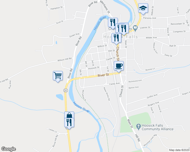 map of restaurants, bars, coffee shops, grocery stores, and more near River Street & 3rd Street in Hoosick Falls