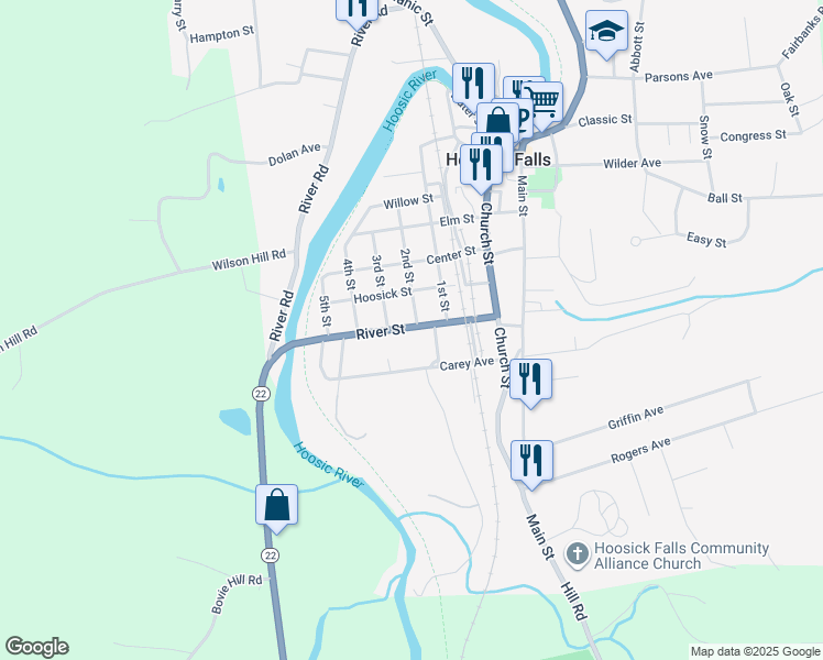 map of restaurants, bars, coffee shops, grocery stores, and more near 9-11 2nd Street in Hoosick Falls
