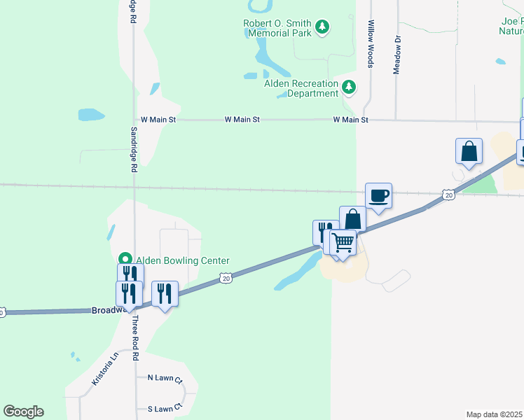 map of restaurants, bars, coffee shops, grocery stores, and more near 12670 Broadway in Alden