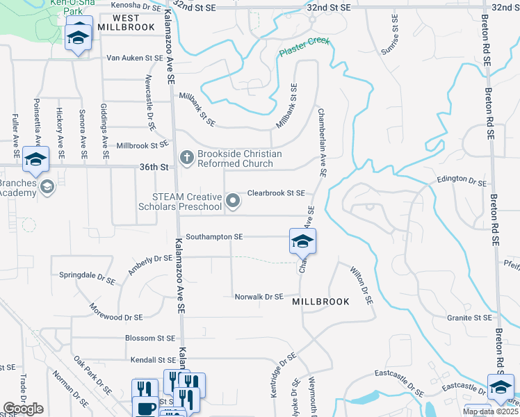 map of restaurants, bars, coffee shops, grocery stores, and more near 1809 Clearbrook Street Southeast in Grand Rapids