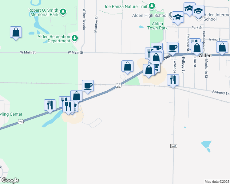 map of restaurants, bars, coffee shops, grocery stores, and more near 12937 Broadway in Alden