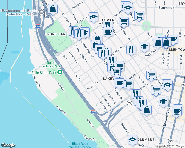 map of restaurants, bars, coffee shops, grocery stores, and more near 422 Busti Avenue in Buffalo