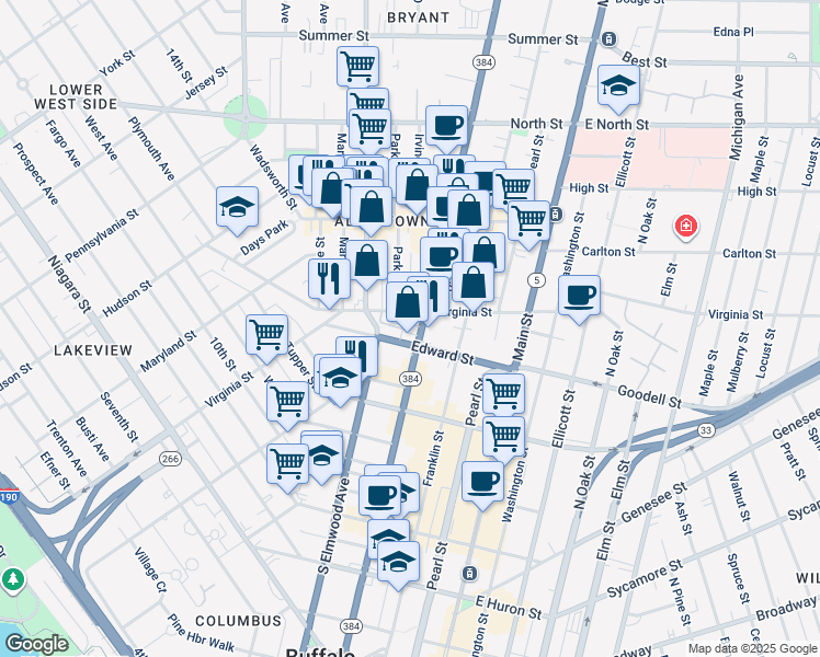 map of restaurants, bars, coffee shops, grocery stores, and more near 422 Virginia Street in Buffalo