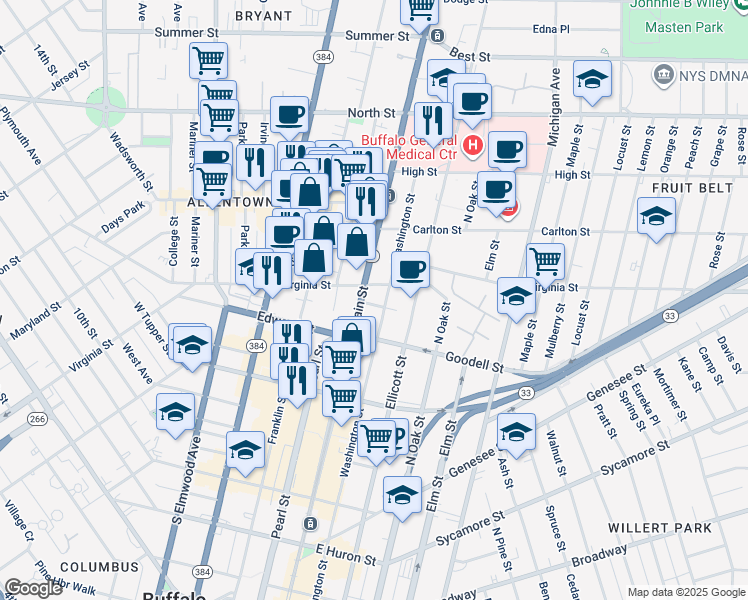 map of restaurants, bars, coffee shops, grocery stores, and more near 847 Main Street in Buffalo