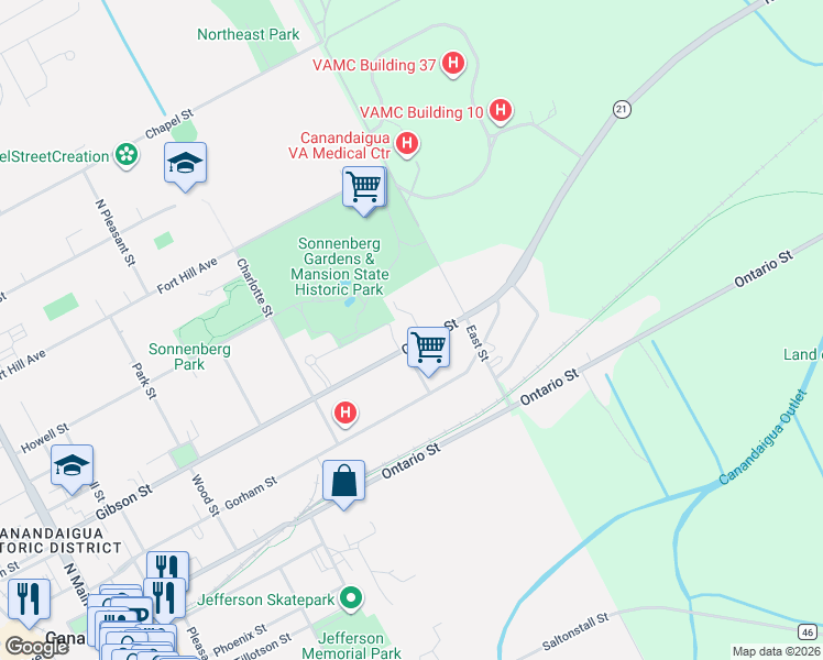map of restaurants, bars, coffee shops, grocery stores, and more near 338 Gibson Street in Canandaigua