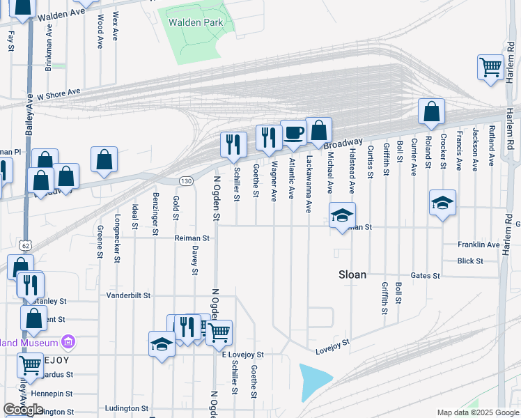 map of restaurants, bars, coffee shops, grocery stores, and more near 439 Goethe Street in Buffalo