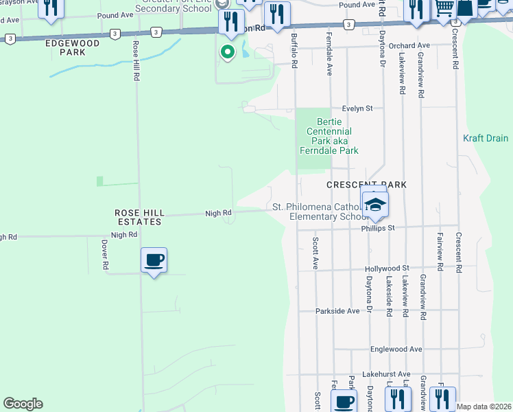 map of restaurants, bars, coffee shops, grocery stores, and more near 1546 Nigh Road in Fort Erie