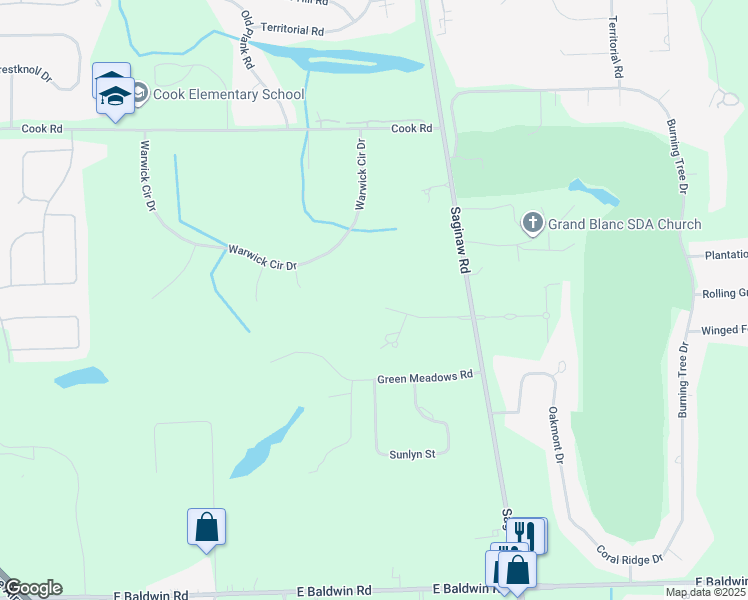 map of restaurants, bars, coffee shops, grocery stores, and more near 5149 Warwick Woods Trail in Grand Blanc