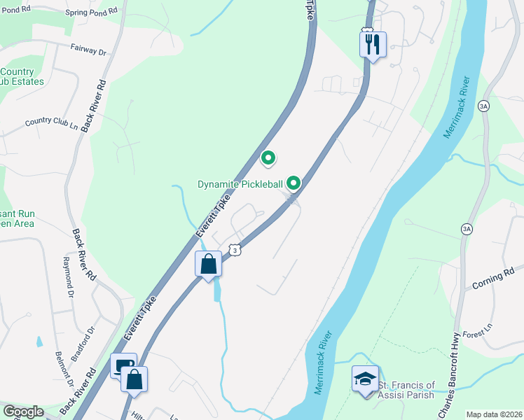 map of restaurants, bars, coffee shops, grocery stores, and more near 696 Daniel Webster Highway in Merrimack
