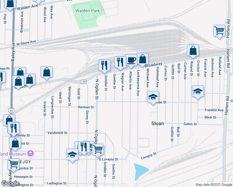 map of restaurants, bars, coffee shops, grocery stores, and more near 439 Goethe Street in Buffalo